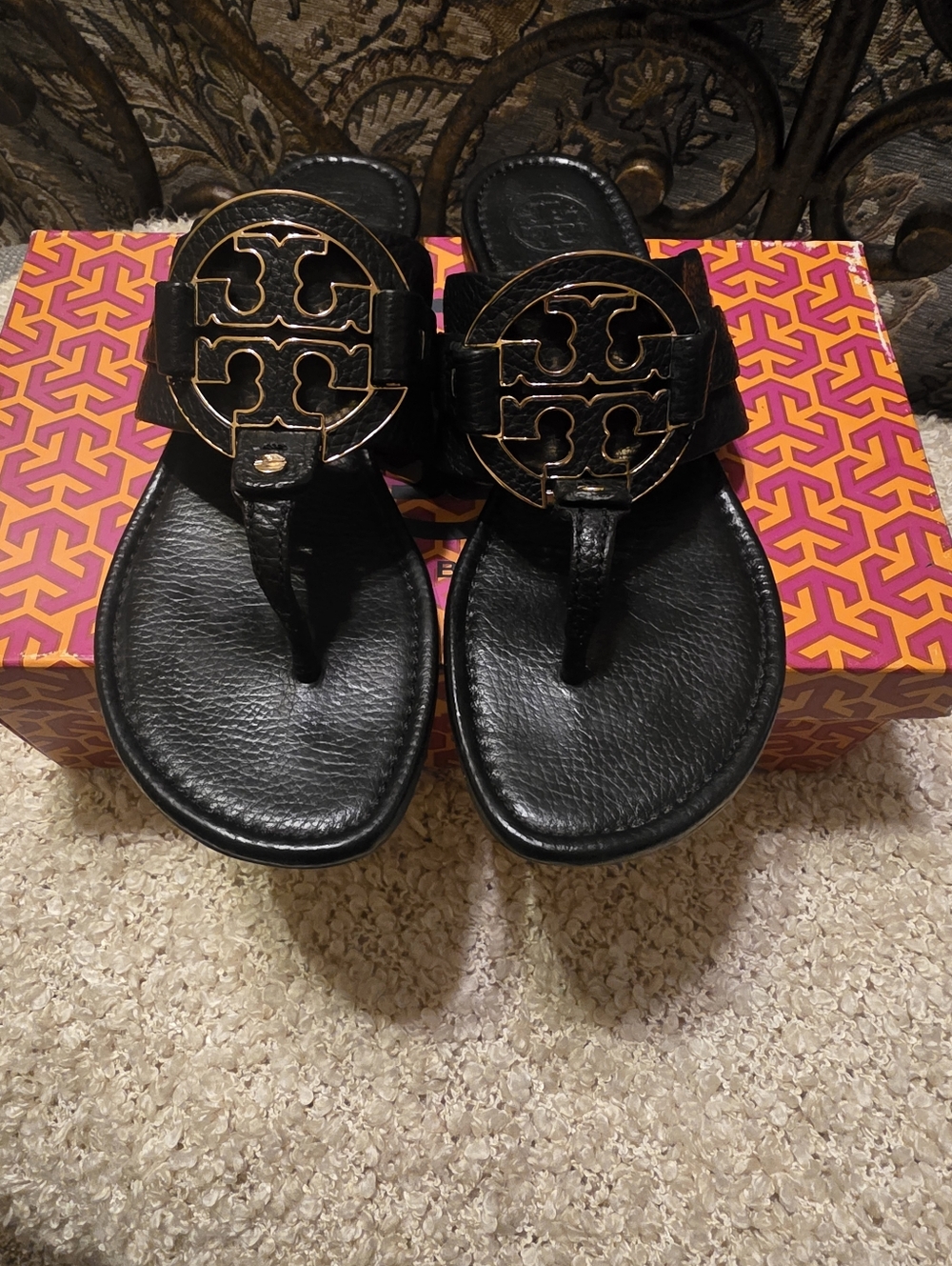 Tory Burch Black Leather Miller Thong Sandals with Gold Logo